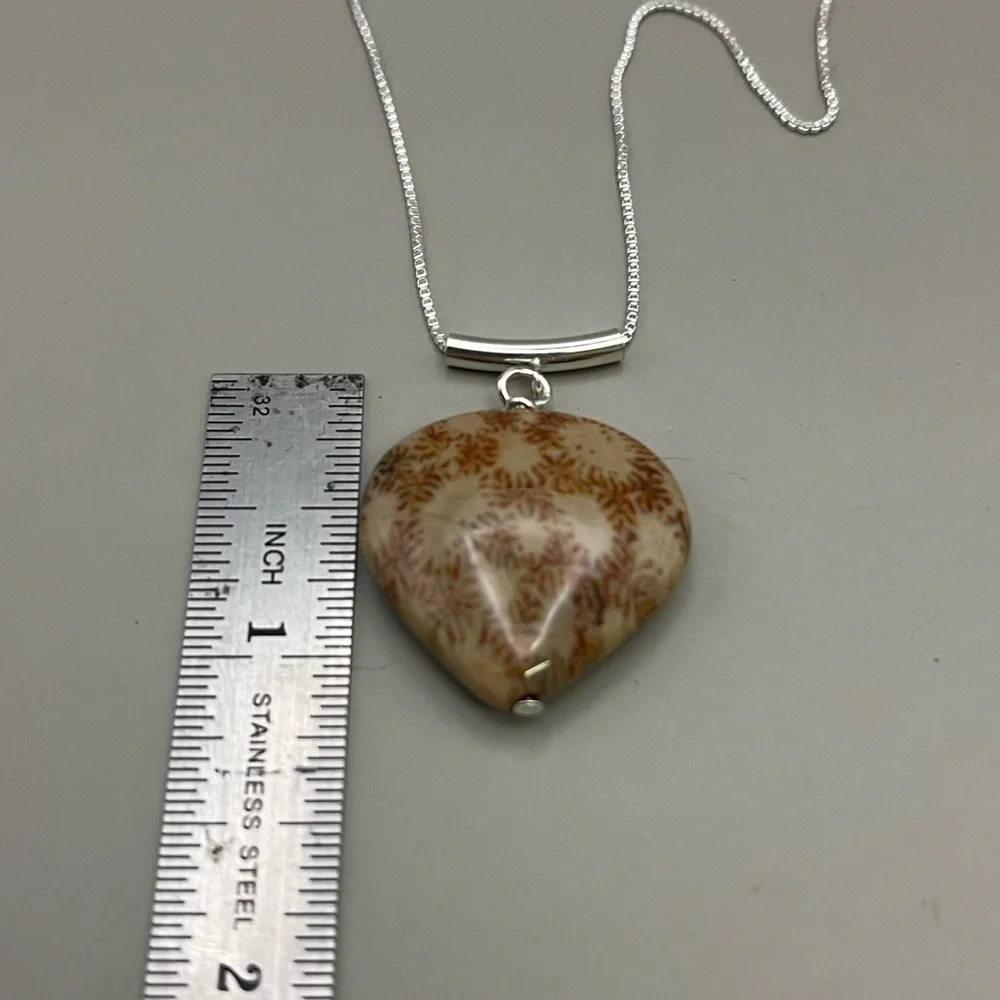 Heart-Shaped Brown Fossil Coral Stone Necklace with Sterling Silver Chain - Picture 4 of 5